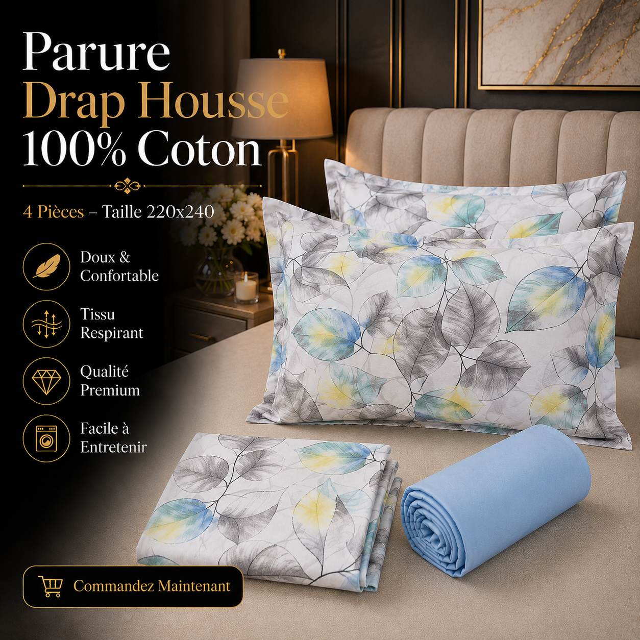 Parure Drap Housse 100% Coton – 4 Pièces – 220x240