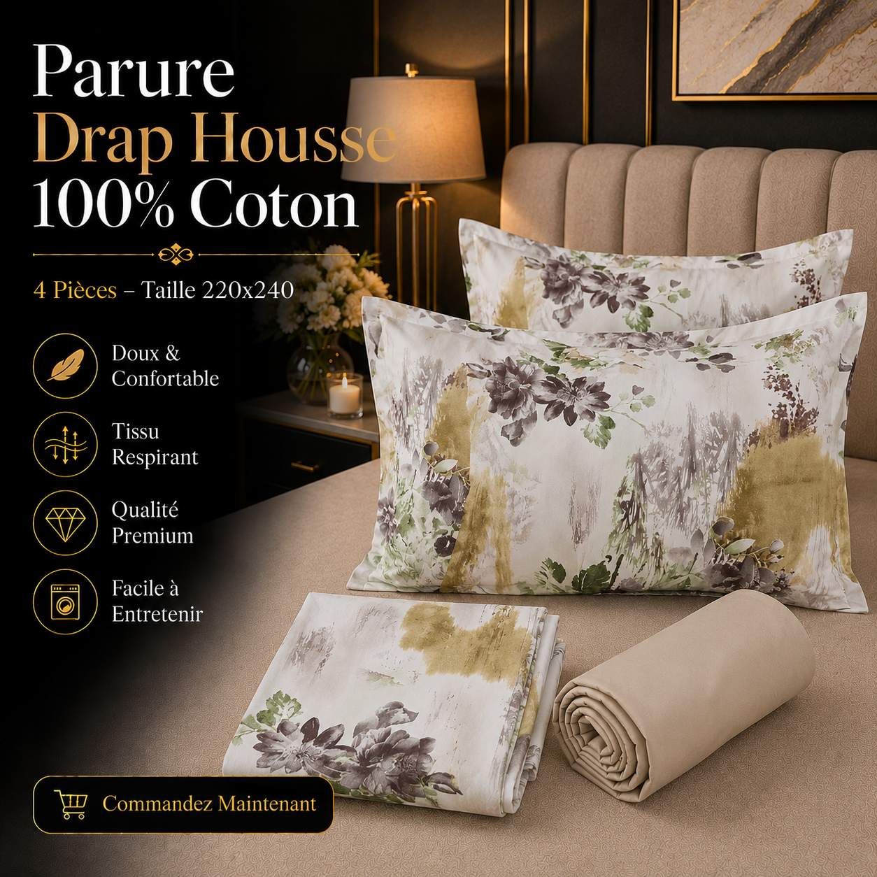 Parure Drap Housse 100% Coton – 4 Pièces – 220x240