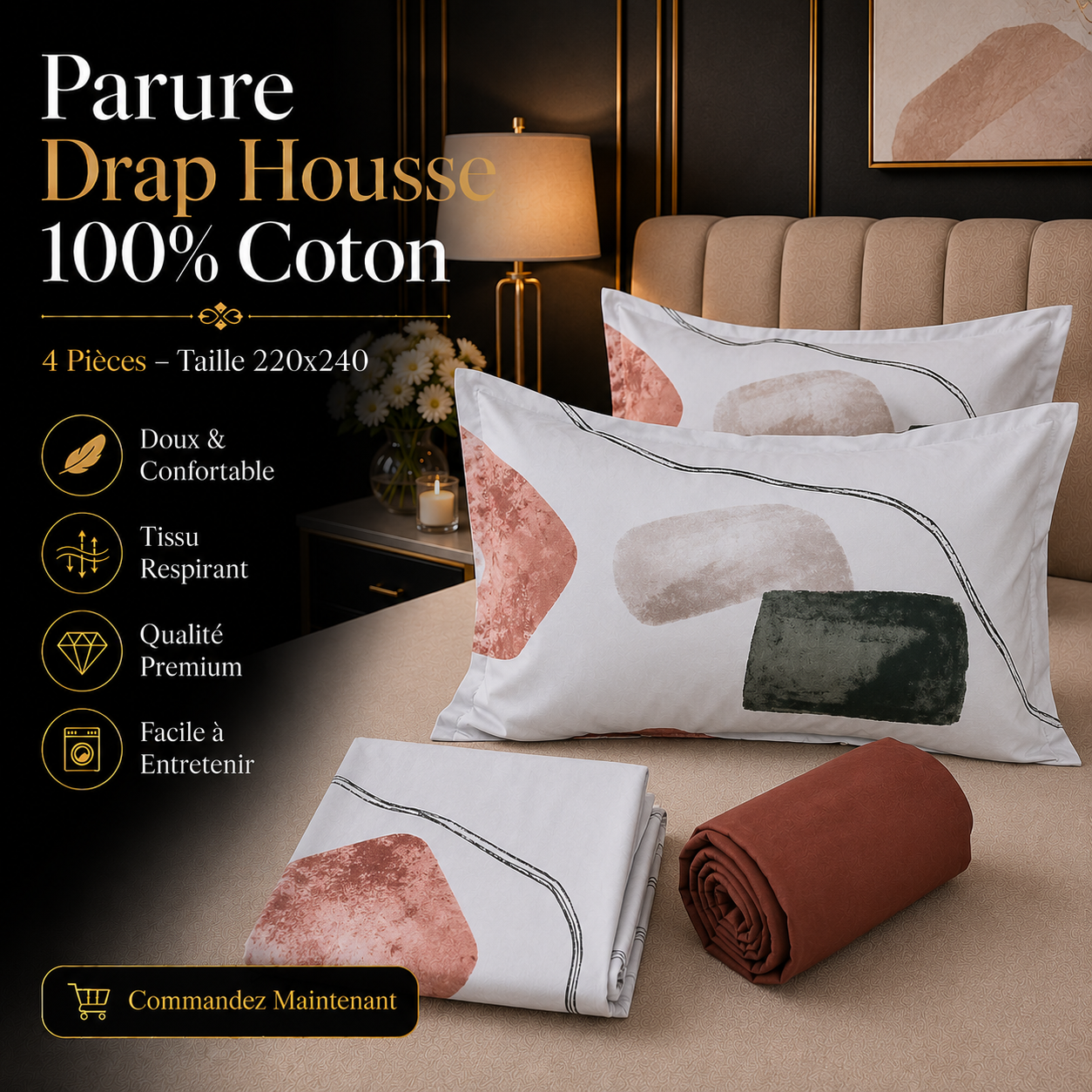 Parure Drap Housse 100% Coton – 4 Pièces – 220x240