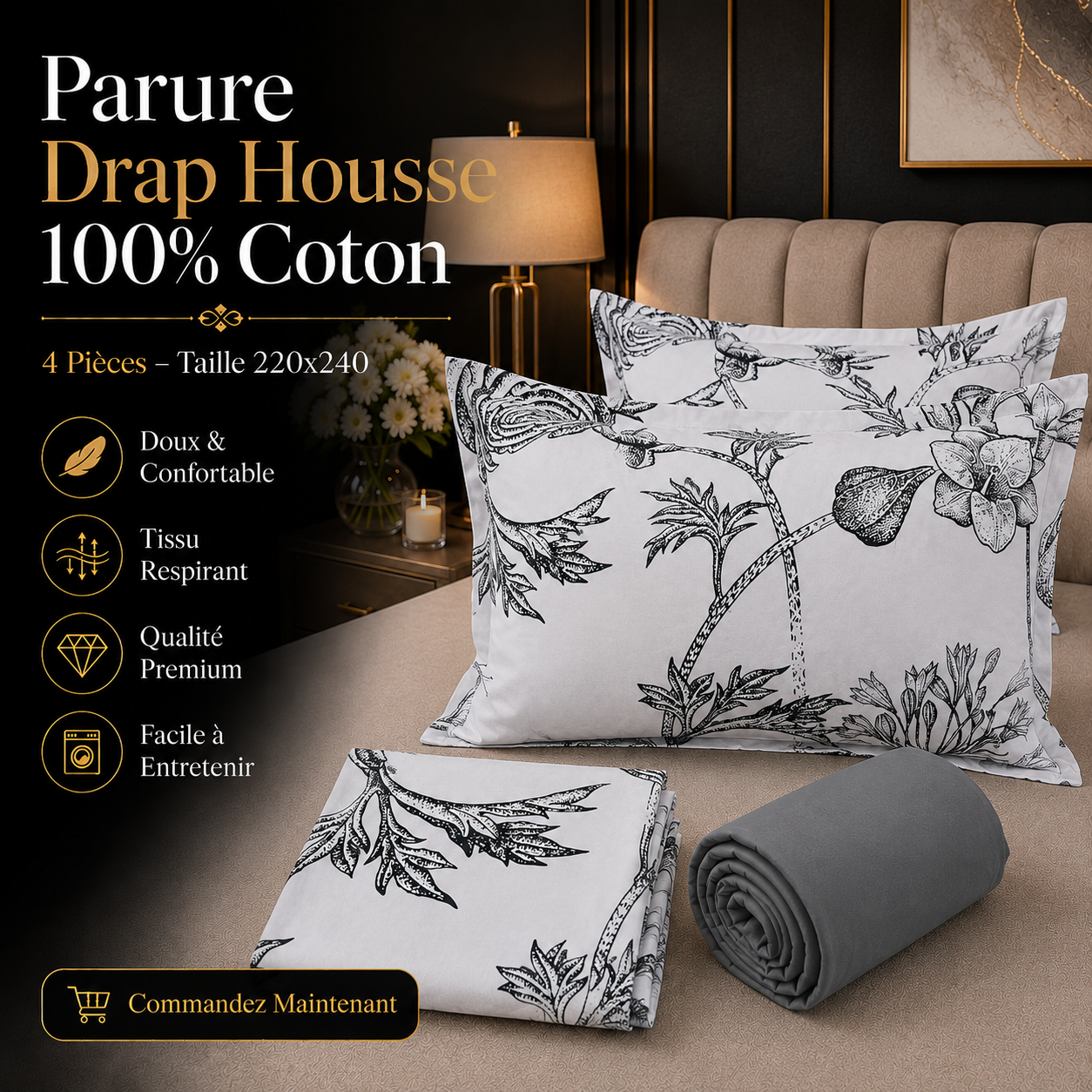 Parure Drap Housse 100% Coton – 4 Pièces – 220x240