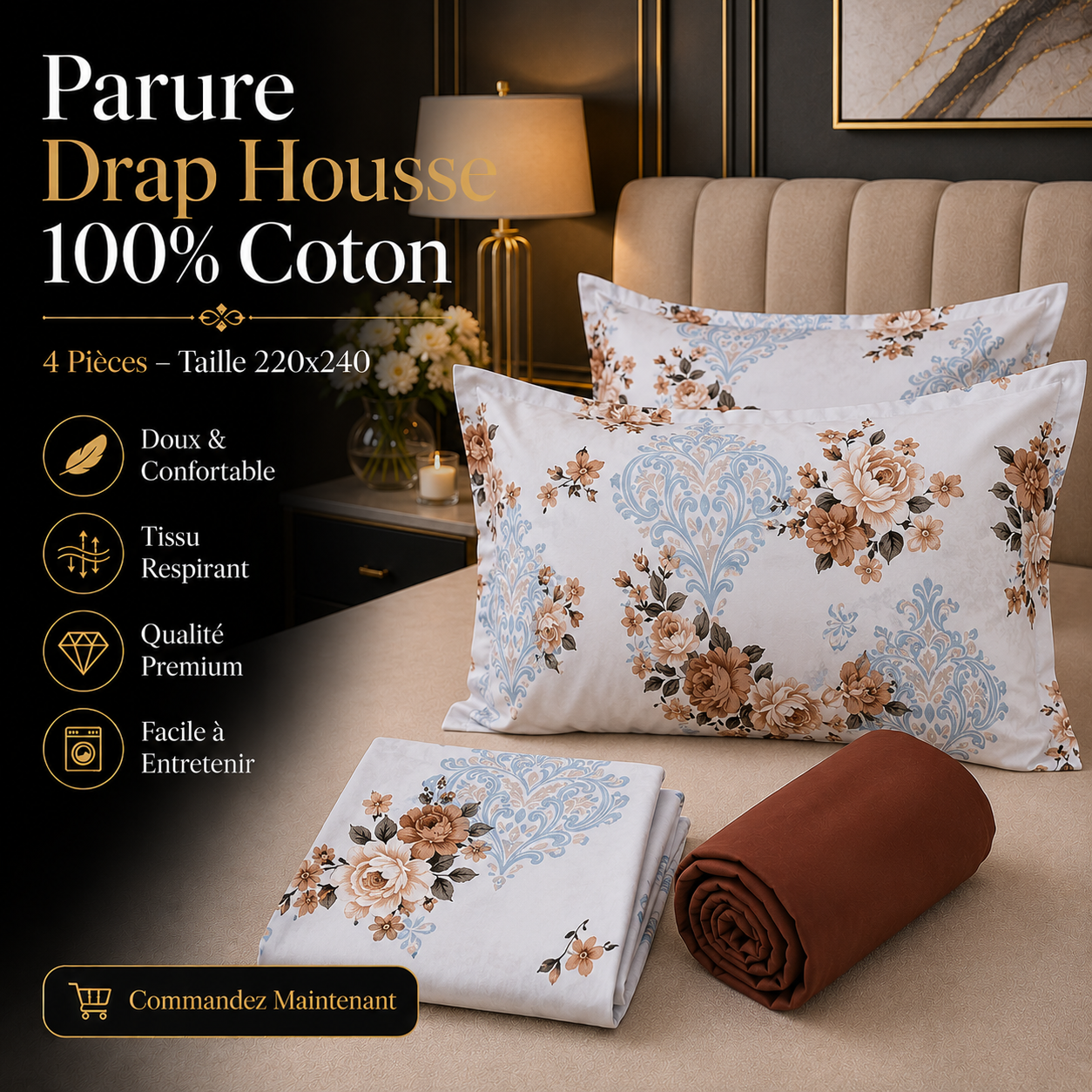 Parure Drap Housse 100% Coton – 4 Pièces – 220x240
