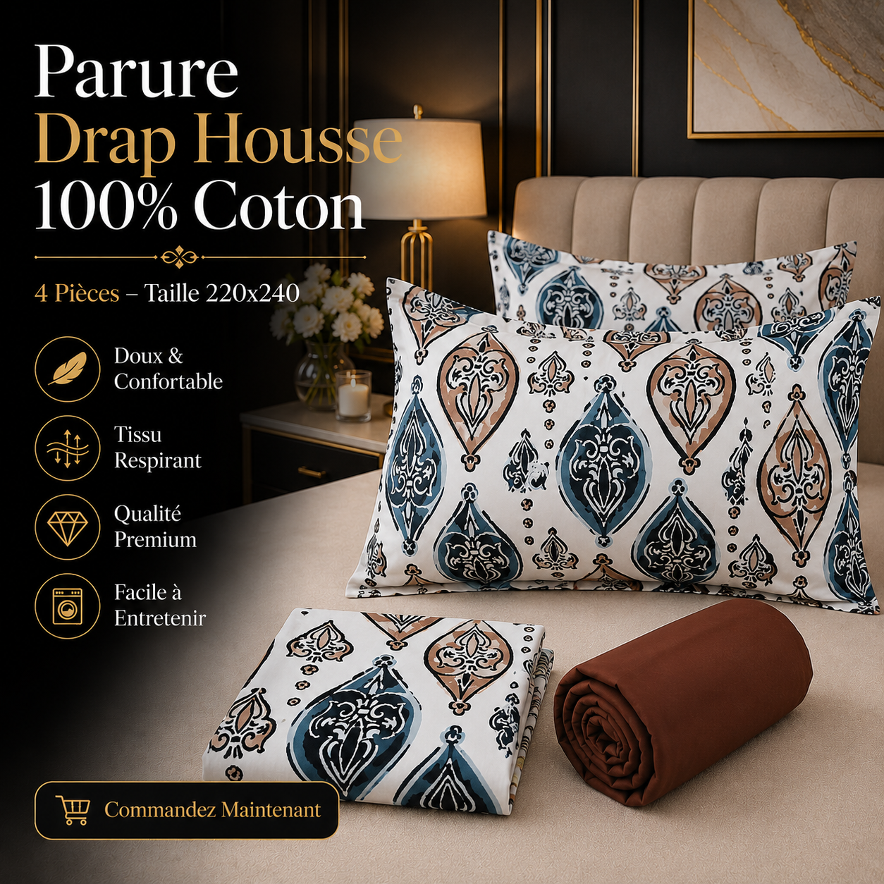 Parure Drap Housse 100% Coton – 4 Pièces – 220x240
