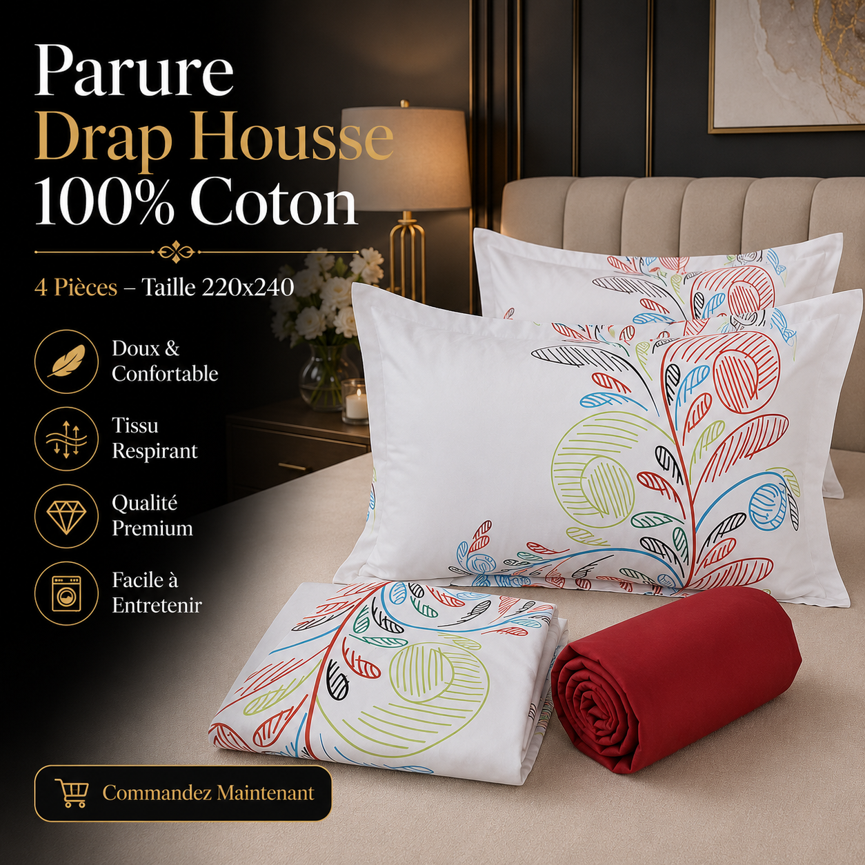Parure Drap Housse 100% Coton – 4 Pièces – 220x240