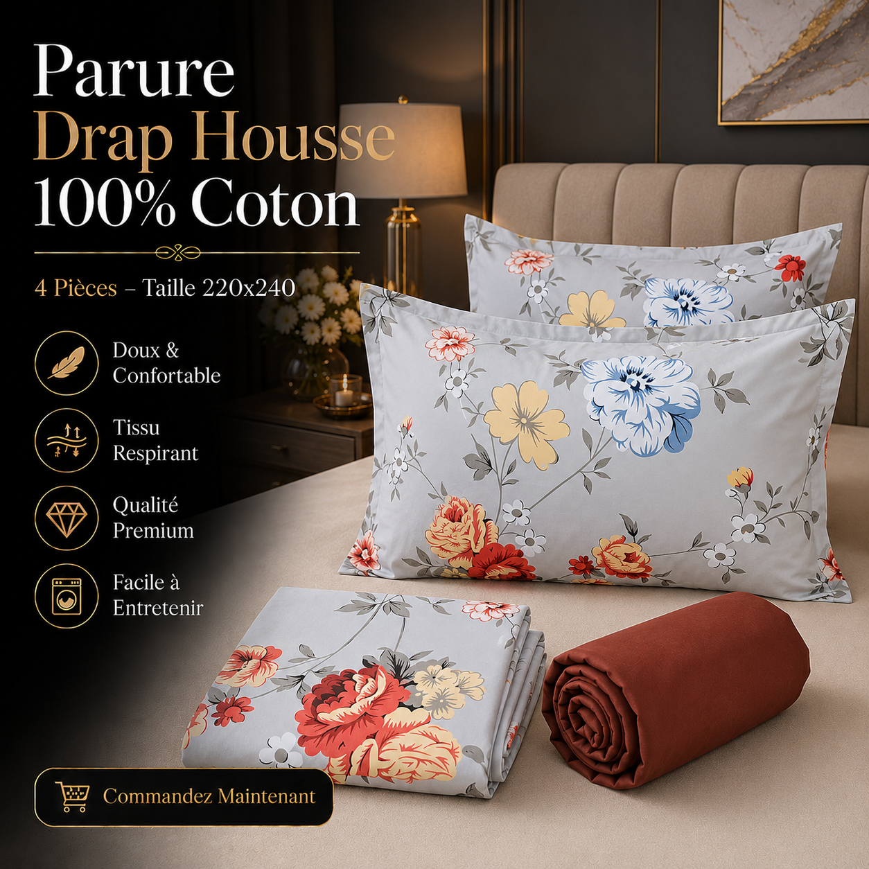 Parure Drap Housse 100% Coton – 4 Pièces – 220x240