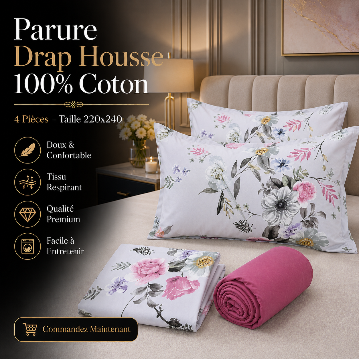 Parure Drap Housse 100% Coton – 4 Pièces – 220x240